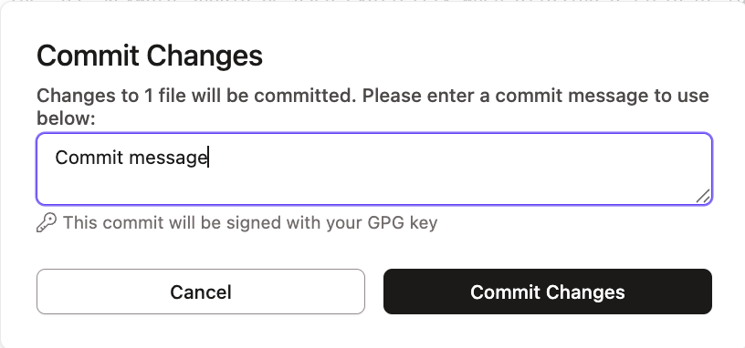 Commit Changes pop up box to commit your changes Commit Changes pop up box to commit your changes