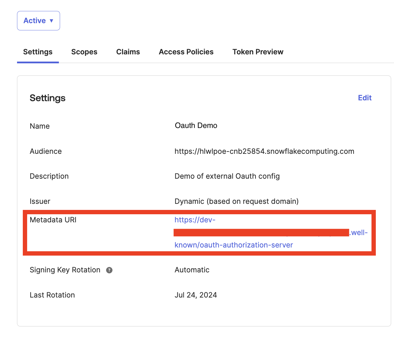 The Okta API settings page with the metadata URI highlighted. The Okta API settings page with the metadata URI highlighted.